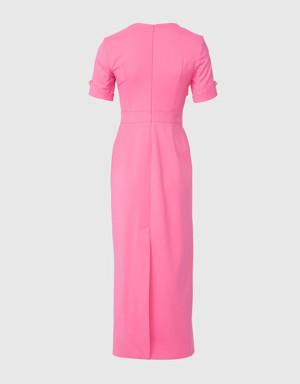 Embroidered Collar And Detailed Midi-Length Tight Pink Dress