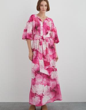 Floral Pink Dress With Halterneck Lace-up Sleeve Detail Belt