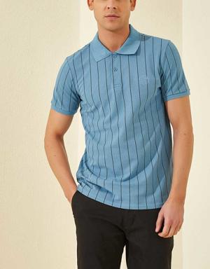 Kirli Mavi Çizgili Kısa Kol Standart Kalıp Polo Yaka Erkek T-Shirt - 87797