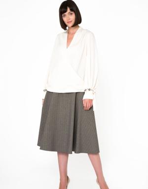 Metallic Stripe Fabric Midi Length Beige Flared Skirt