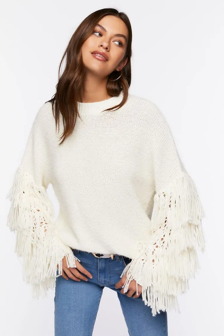 Forever 21 Forever 21 Chunky Fringe Trim Sweater Cream. 1