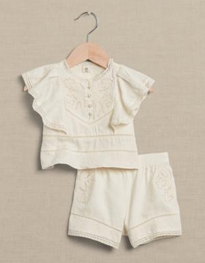 Embroidered Linen 2-Piece Set for Baby + Toddler white