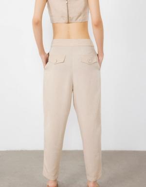 Button Detailed Beige Trousers
