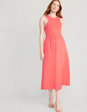 Fit & Flare High-Neck Combination Midi Dress for Women pink