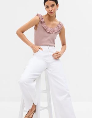 Eyelet Ruffle Neck Rib Tank Top pink