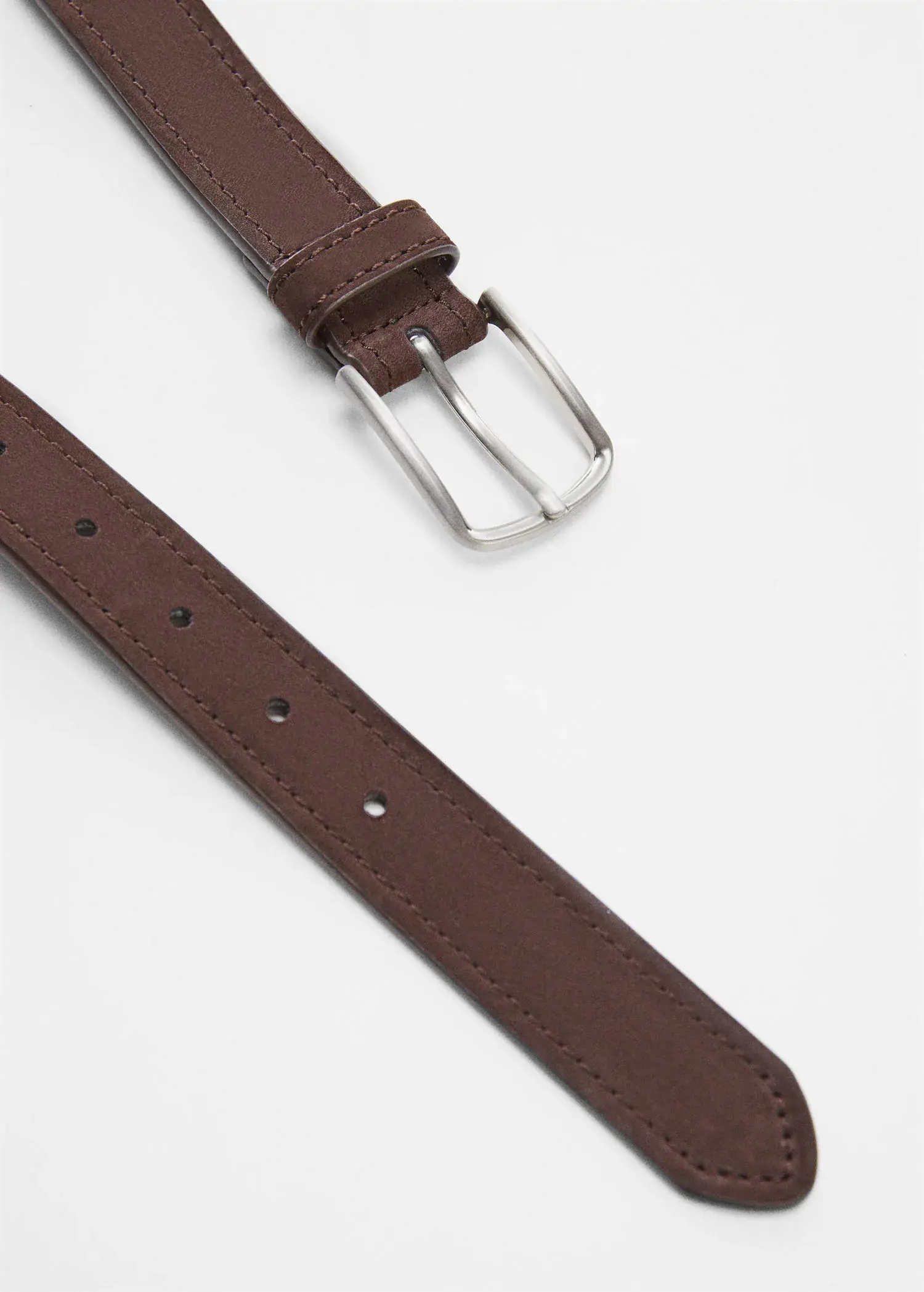 Mango Suede leather belt. a close-up of a brown leather belt with a silver buckle. 