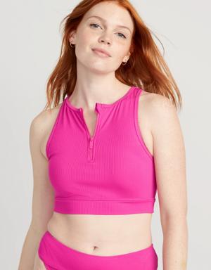 Rib-Knit Zip-Front Longline Bikini Swim Top for Women pink