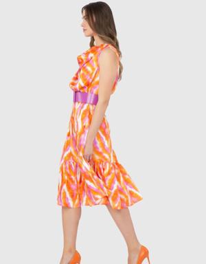 Belted Ruffle Long Orange Midi Dress
