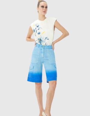 Denim Cargo Shorts With Blue Batik Wash Pocket Detail