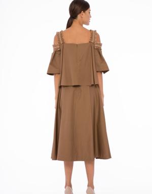 Pleated Brown Short Top With Ribbon Tassel And Embroidery Detail