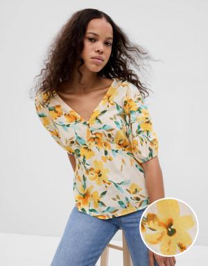 Puff Sleeve Linen-Blend Peplum Top yellow