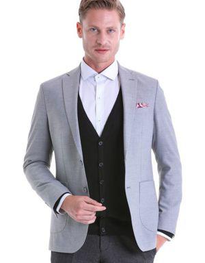Gri Slim Fit Desenli Çift Düğme Ceket