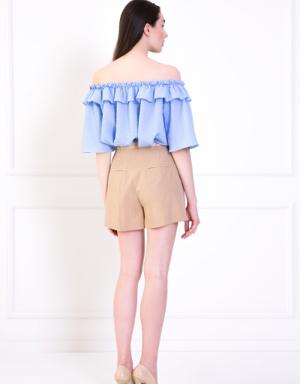 Ruffle Detailed Brooch Blue Blouse With Elastic Sleeves