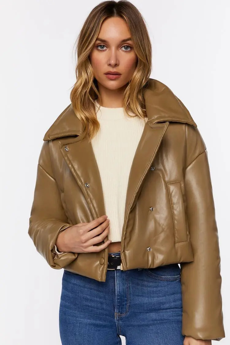 Forever 21 Forever 21 Faux Leather Foldover Puffer Jacket Taupe. 1