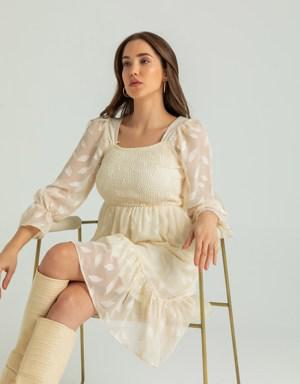 Deniz Butik Kare Yaka Gipeli Mini Elbise - KREM. 3 Deniz Butik Kare Yaka Gipeli Mini Elbise - KREM. 3