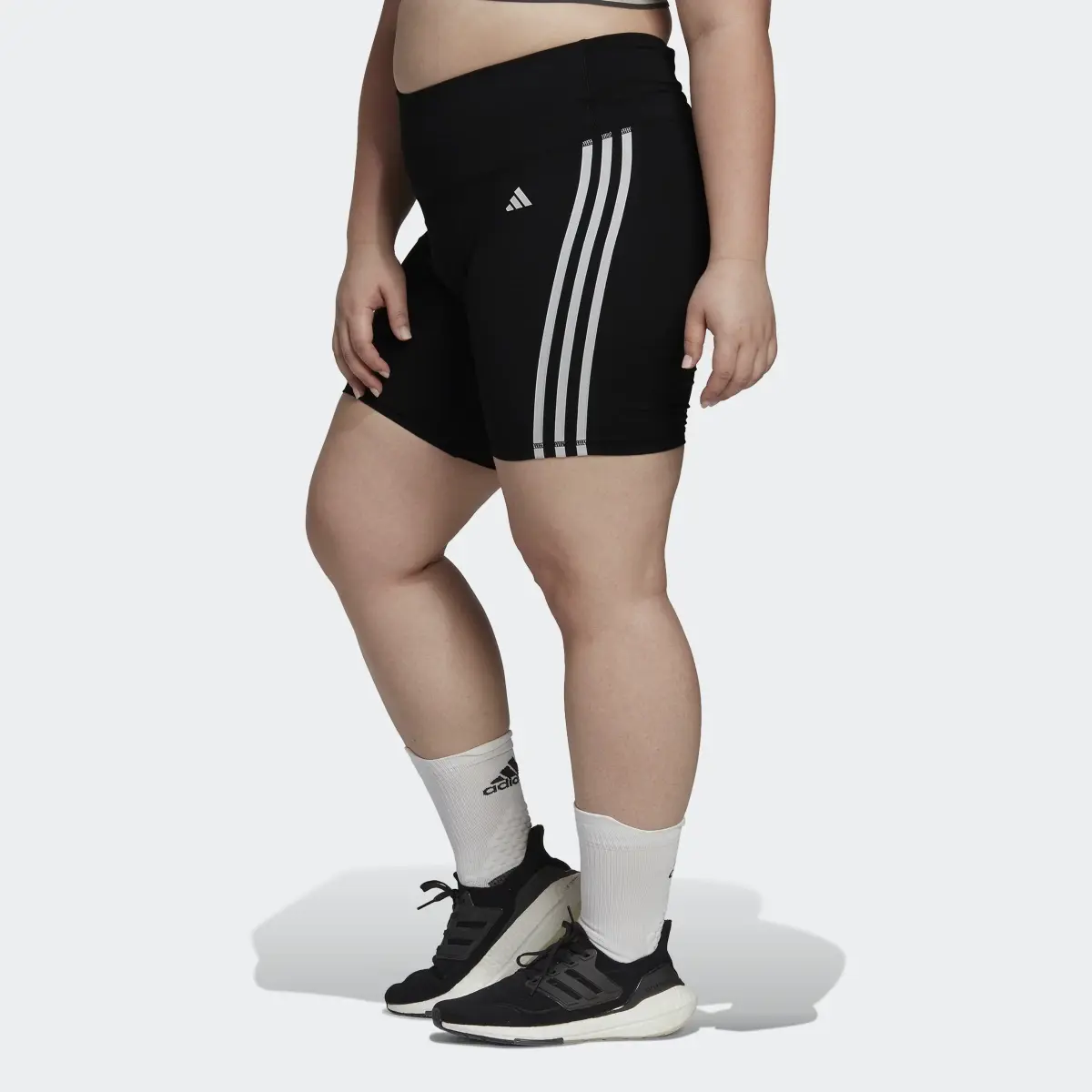 Adidas Training Essentials 3-Stripes High-Waisted Short Leggings (Plus Size). 2