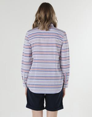 Regular Fit Shirt Neck Çizgili Çok Renkli Kadın Uzun Kol Gömlek