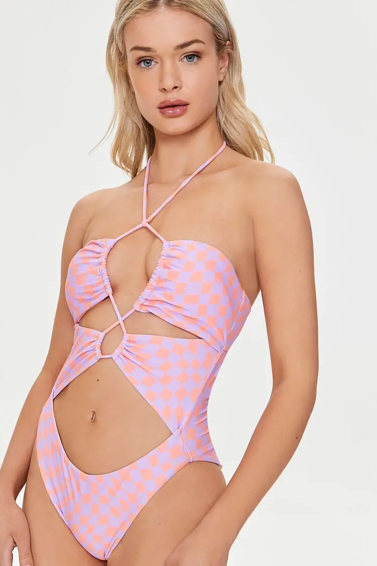 Forever 21 Forever 21 Checkered Cutout One Piece Swimsuit Salmon/Lavender. 1