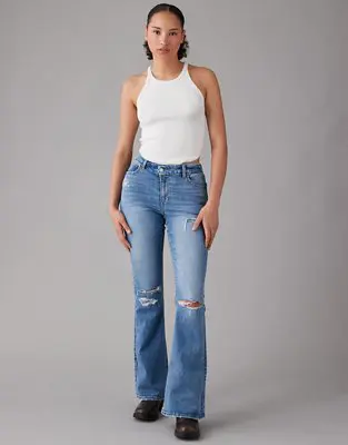 American Eagle Next Level Curvy Ripped Super High-Waisted Flare Jean. 1