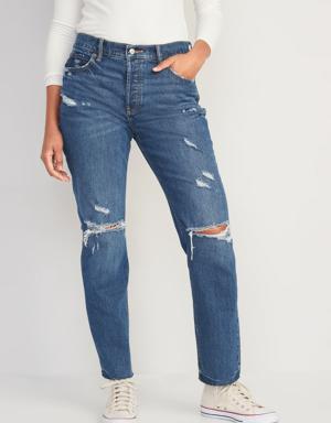 High-Waisted Button-Fly Slouchy Straight Ripped Cut-Off Jeans blue