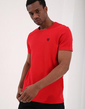 Kırmızı Petek Dokulu Çift Ok Logolu Standart Kalıp O Yaka Erkek T-Shirt - 87921