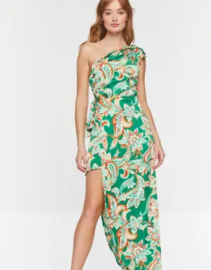 Forever 21 Floral Satin One Shoulder Dress Green/Multi