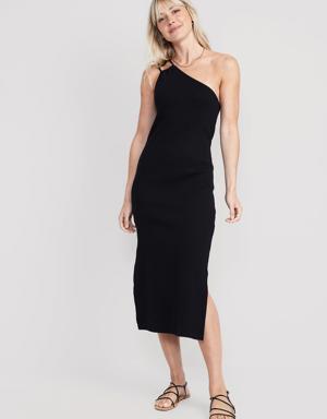 Fitted One-Shoulder Double-Strap Rib-Knit Midi Dress for Women black