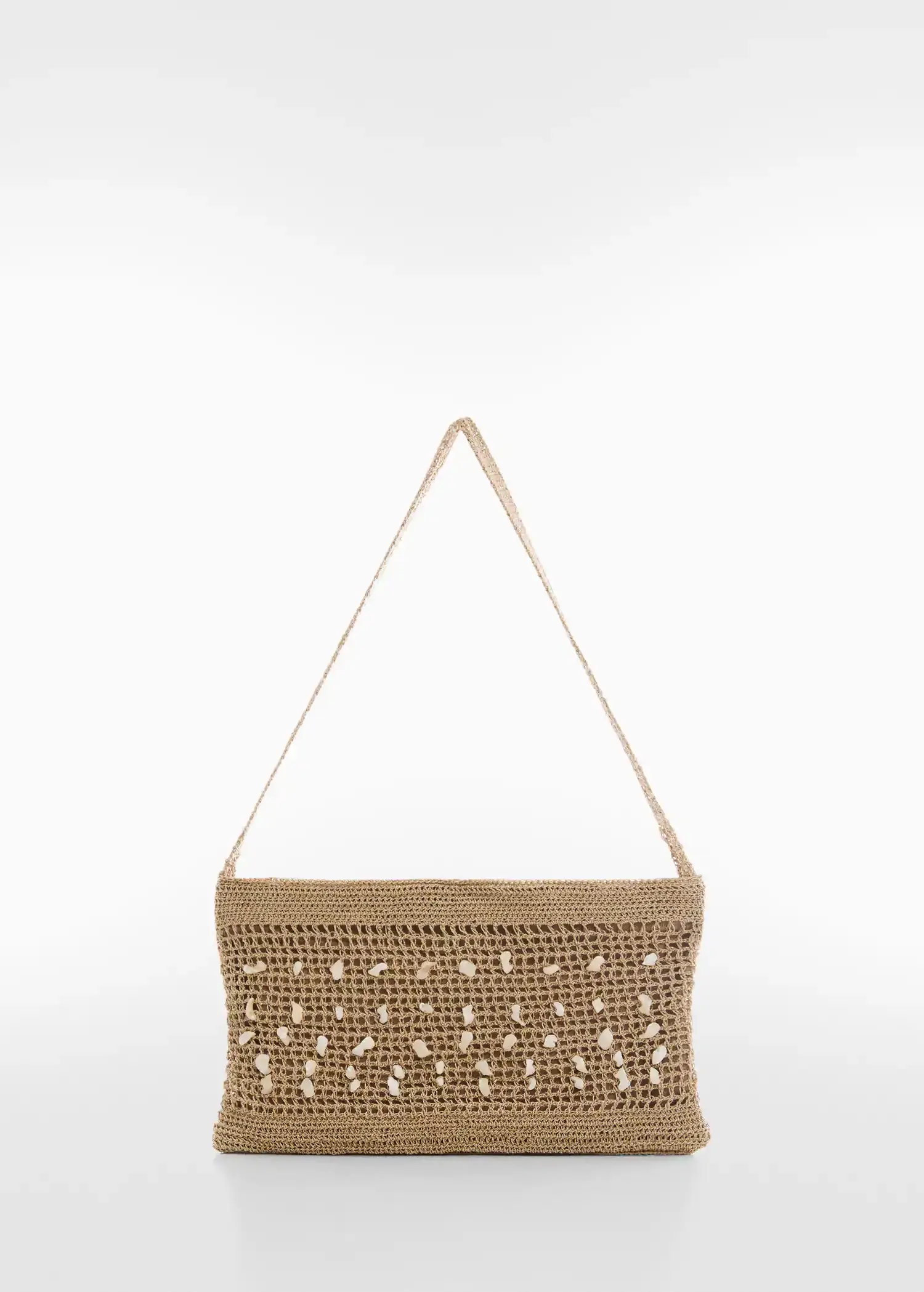 Mango Crochet bag with shell detail. a close-up of a crocheted bag on a white background. 