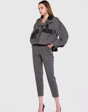 Pleat Detailed Bulky Sleeve Wool Fabric Gray Jacket