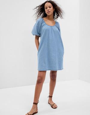 %100 Organik Pamuk Denim Kabarık Kol Mini Washwell™ Elbise
