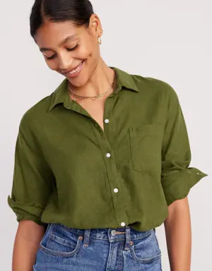 Old Navy Linen-Blend Boyfriend Shirt for Women green