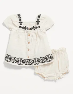 Flutter-Sleeve Embroidered Top & Bloomer Shorts Set for Baby white