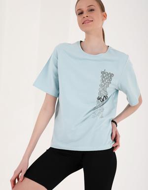 Açık Mavi Deforme Yazı Baskılı O Yaka Kadın Oversize T-Shirt - 97134