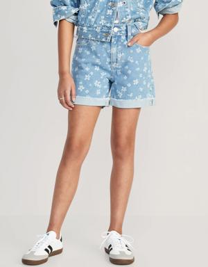 High-Waisted Printed Rolled-Cuff Jean Midi Shorts for Girls blue