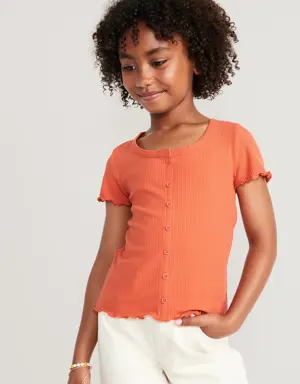 Rib-Knit Button-Front Lettuce-Edge Top for Girls orange