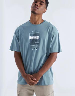 Mint Yeşili Baskı Detaylı O Yaka Erkek Oversize T-Shirt - 88094