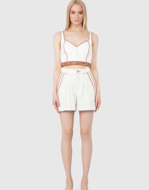 Contrast Fabric Garnish Stripe Detail White Shorts