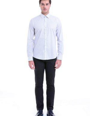 Beyaz %100 Pamuk Uzun Kollu Baskılı Comfort Fit Gömlek