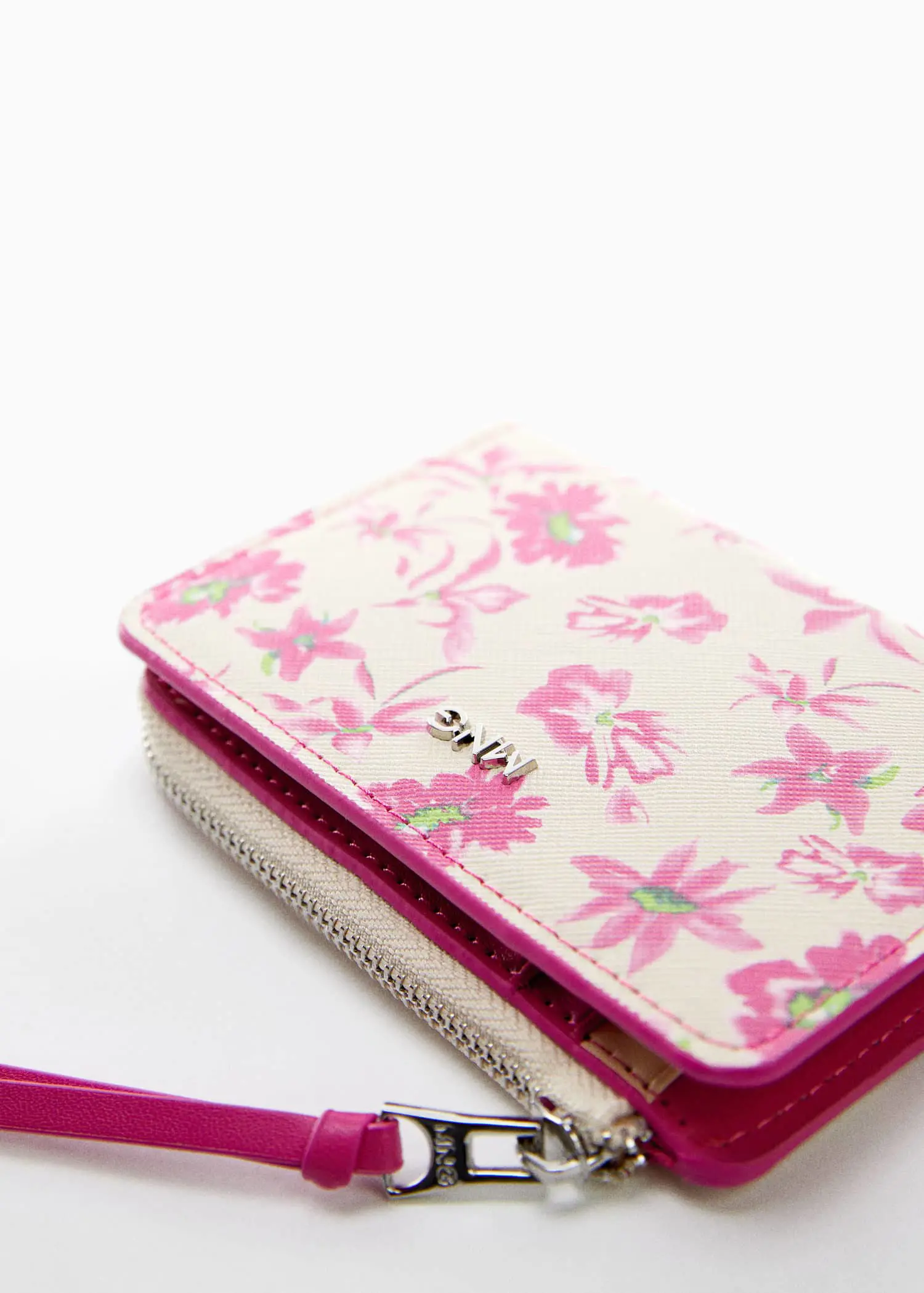 Mango Small floral sapphiano wallet. a pink and white wallet sitting on top of a table. 