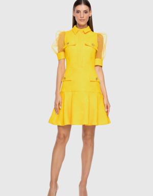 Sleeves Tulle Detailed Yellow Mini Dress