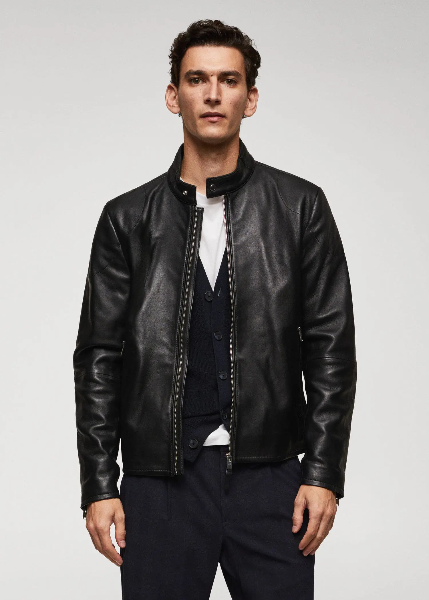 Mango Zip-detail leather biker jacket. 1