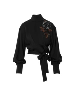 Black Crop Blouse With Embroidered Floral Appliques