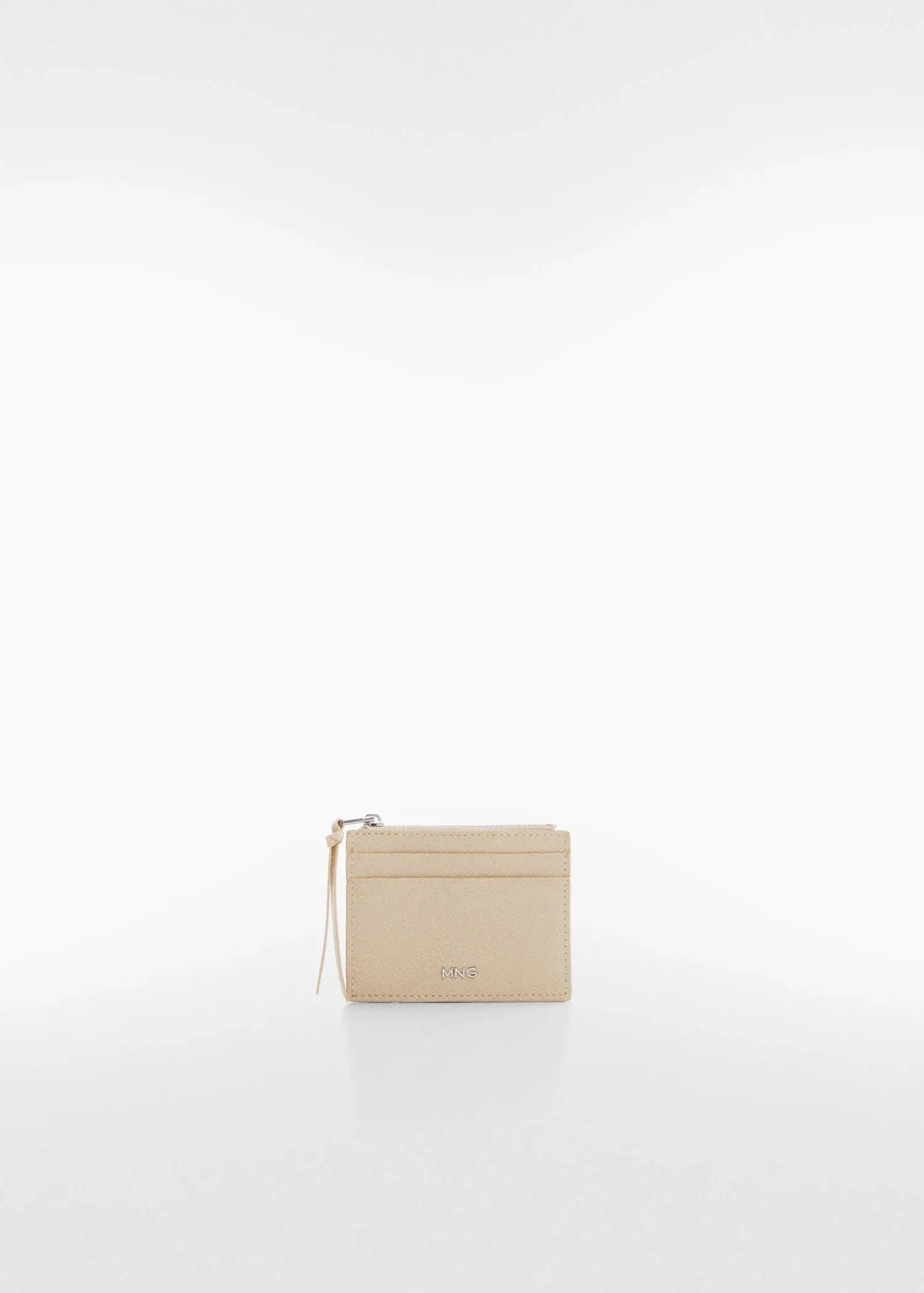 Mango Saffiano-effect cardholder. a beige wallet sitting on top of a white table. 