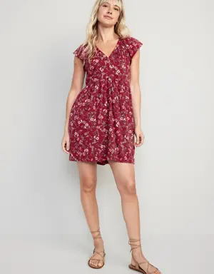Flutter-Sleeve Floral-Print Mini Swing Dress for Women red
