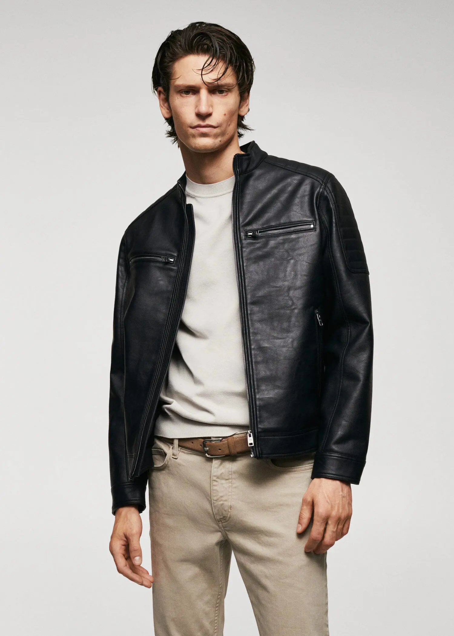 Mango Nappa leather-effect jacket. a man wearing a black leather jacket. 