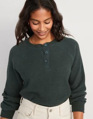 Waffle-Knit Henley Top for Women green