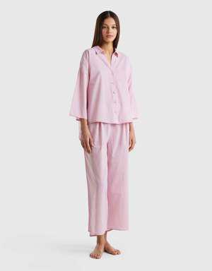 Kadın Toz Pembe Puantiyeli Bol Paça Pijama Takımı