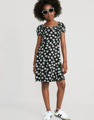 Printed Puff-Sleeve Fit & Flare Dress for Girls black
