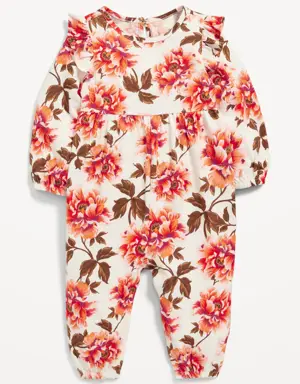 Printed Long-Sleeve Ruffle-Trim Jumpsuit for Baby pink