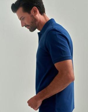 Erkek Balenli Yaka Basic Regular Fit T-Shirt INDIGO